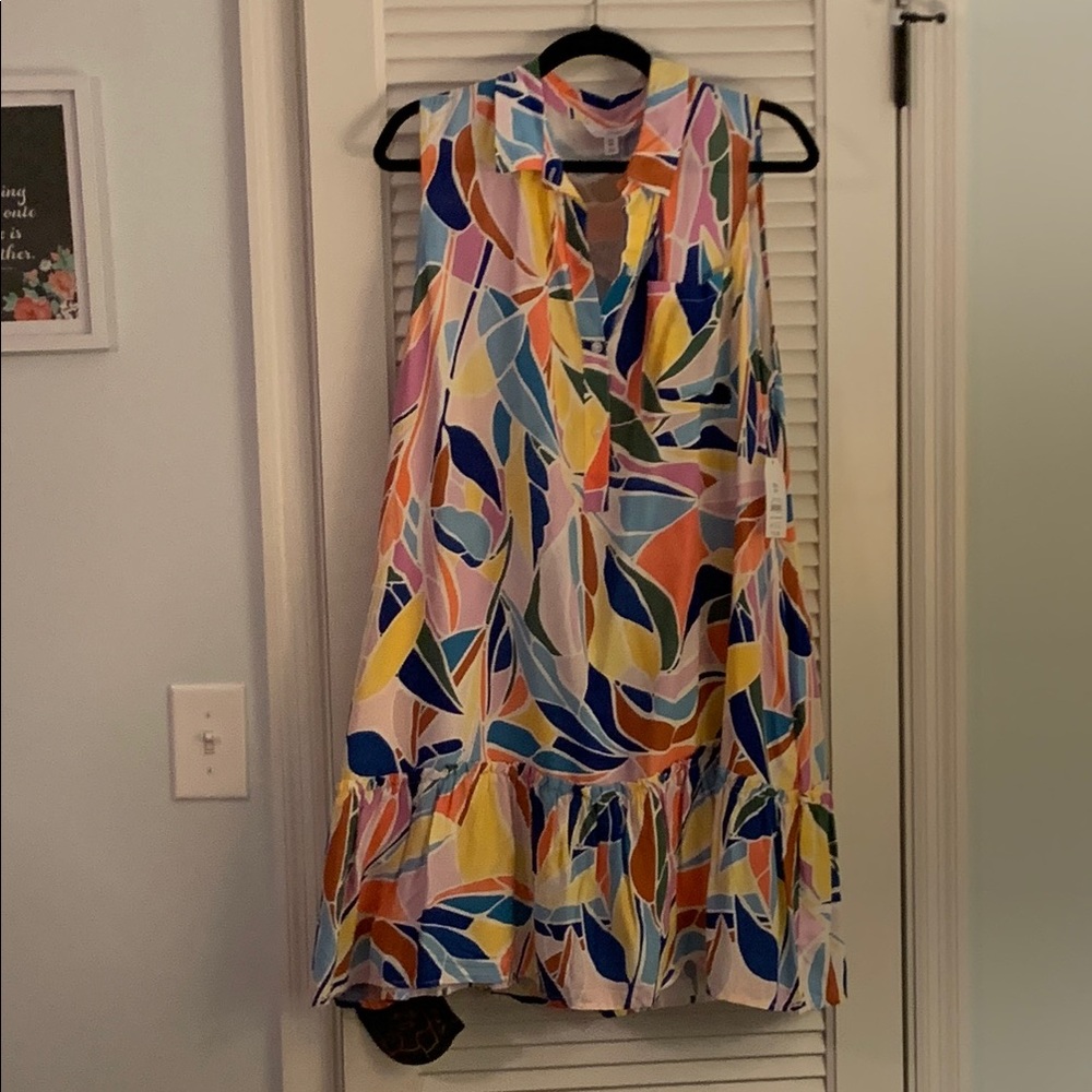 Time and Tru Yellow and Blue Ruffled Mock Neck Mini Dress